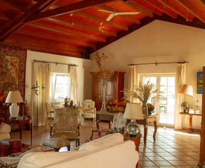 Foto del interior de la villa la bellota con decoración rústica y techos de madera