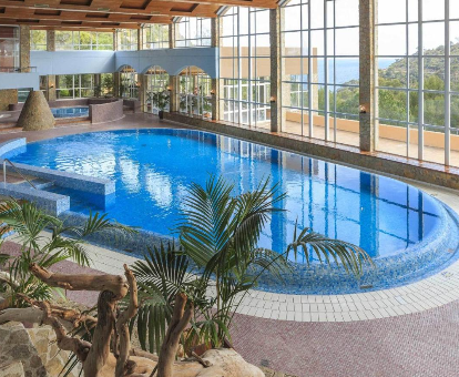 Foto de la piscina cubierta climatizada con vistas y mucha luz natural